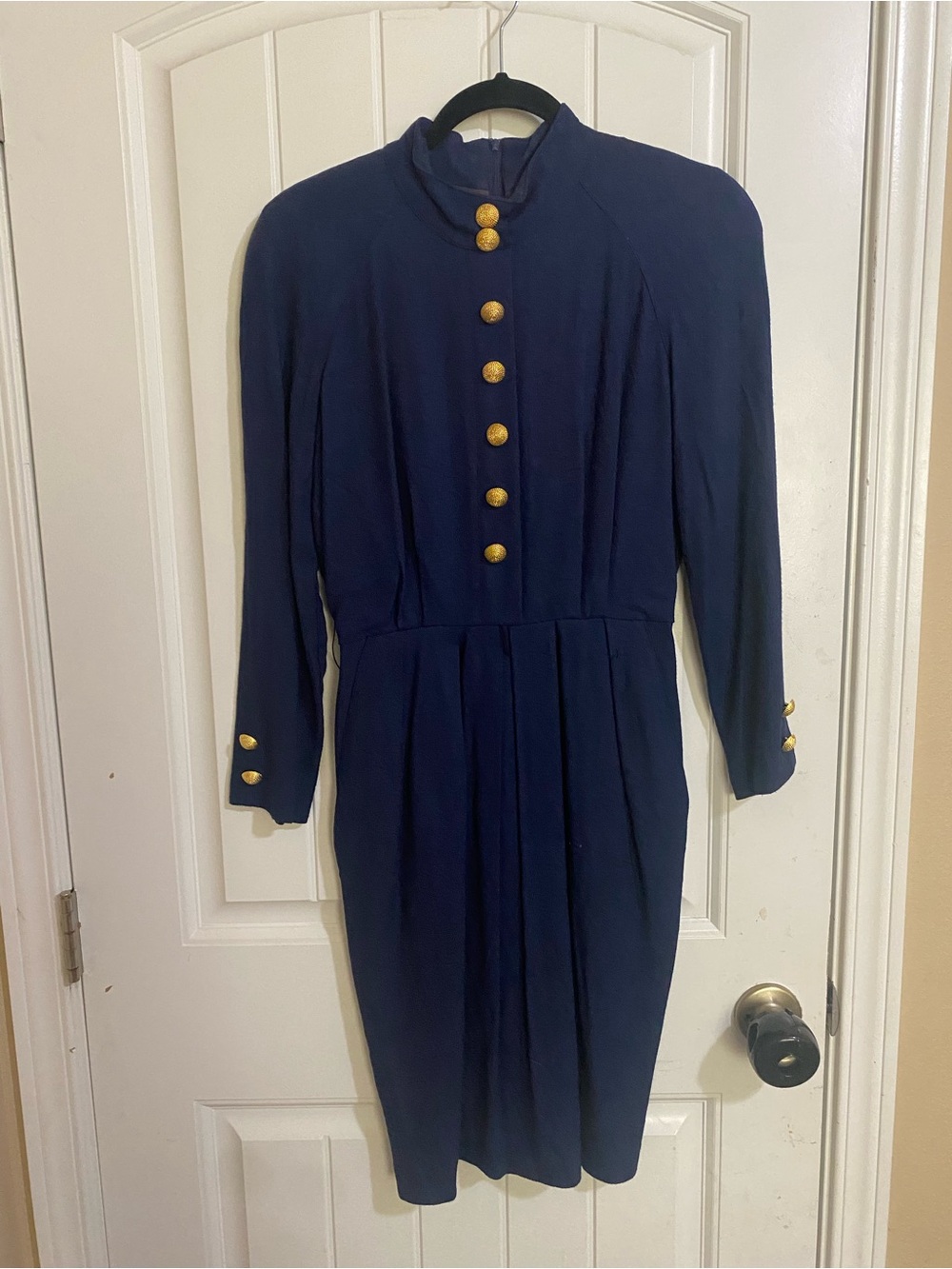 Vintage Talbots Santa Fe Navy Rayon Midi Dress Gold Buttons Petite